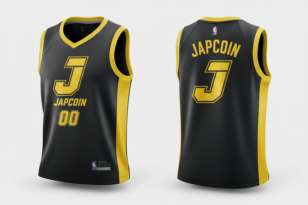 Japcoin crypto coin logo  J in bold italic in basket ball jersey , black and yellow 