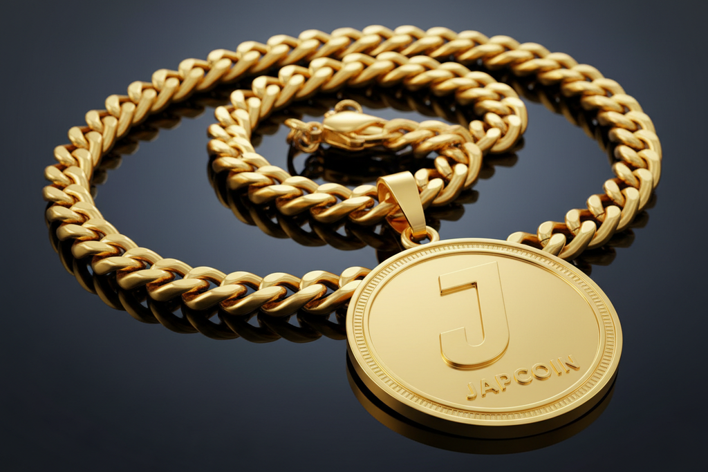 Japcoin crypto coin logo J in bold italic in jewellery chain golden 