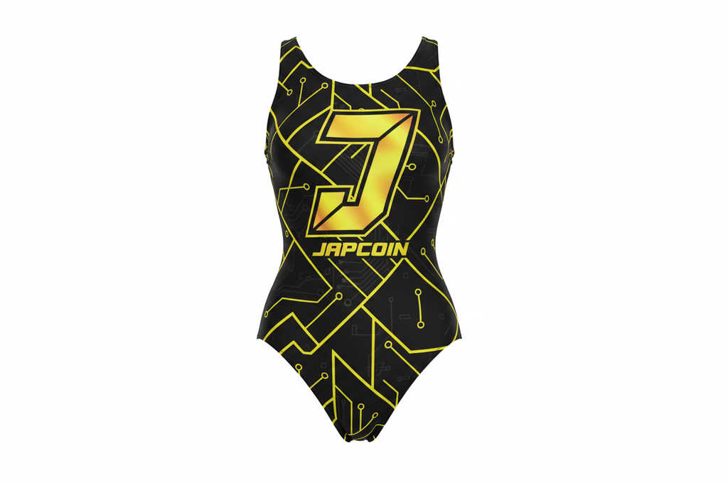 Japcoin crypto coin logo,  J in bold italic in women costume,  black and yellow 