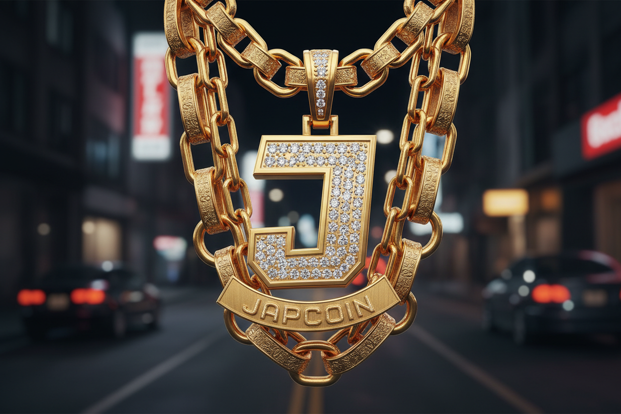 Japcoin crypto coin logo,  J in bold italic on jewellery  chain hiphop style