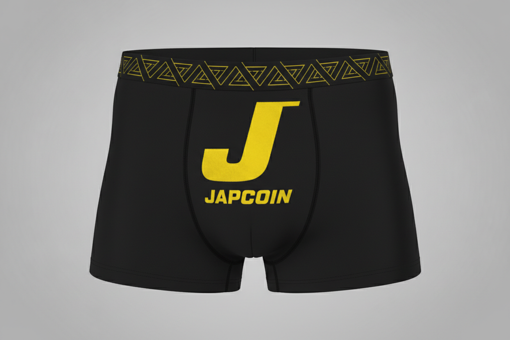 Japcoin crypto coin logo J in bold italic on men's boxers black and yellow 