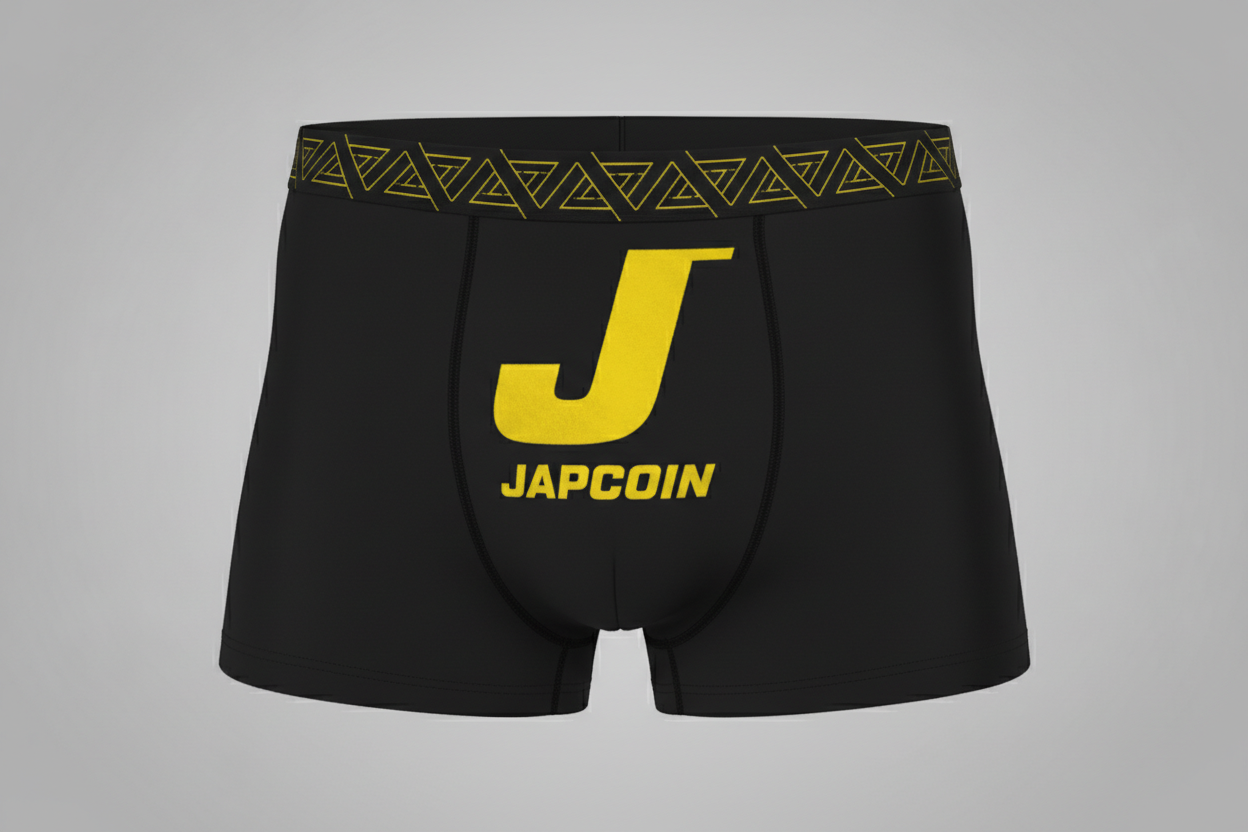 Japcoin crypto coin logo J in bold italic on men's boxers black and yellow 