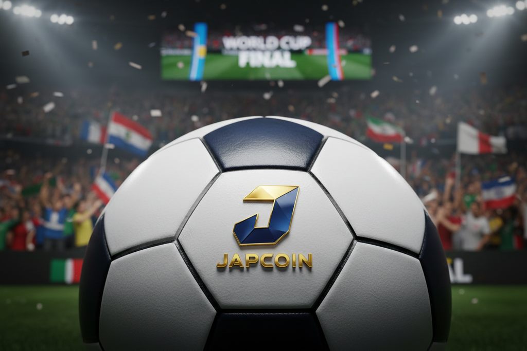Japcoin crypto coin logo,  J in bold italic on world cup football 