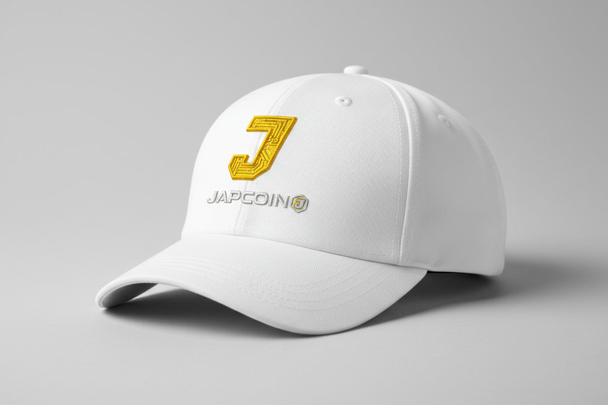 Japcoin crypto coin logo  j in bold italic yellow in golf white cap 