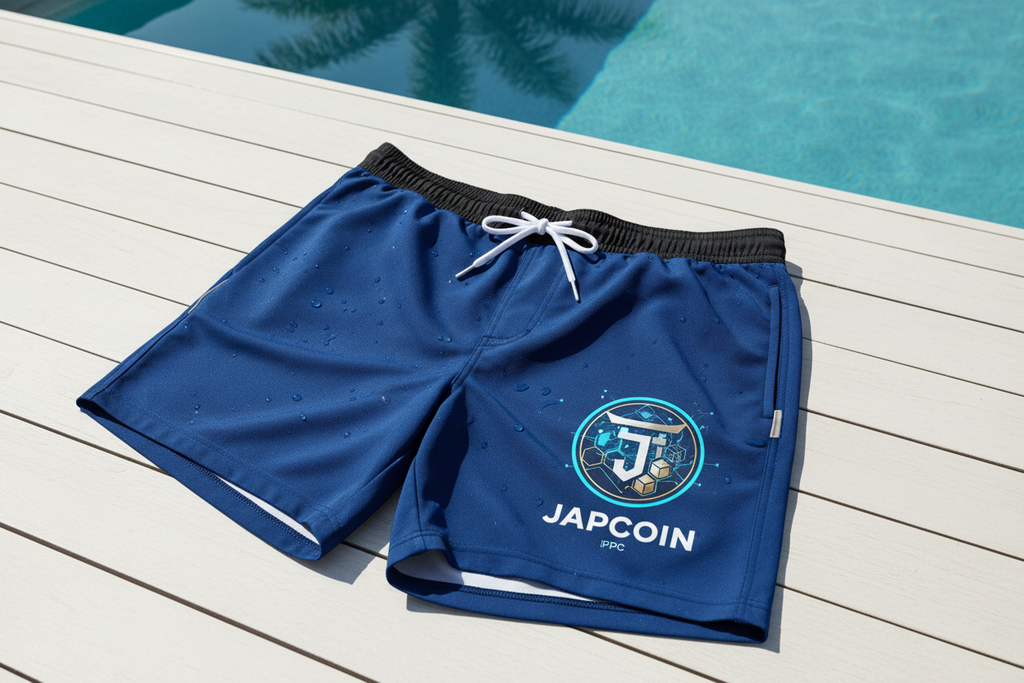Japcoin crypto coin logo on men swimming costume 