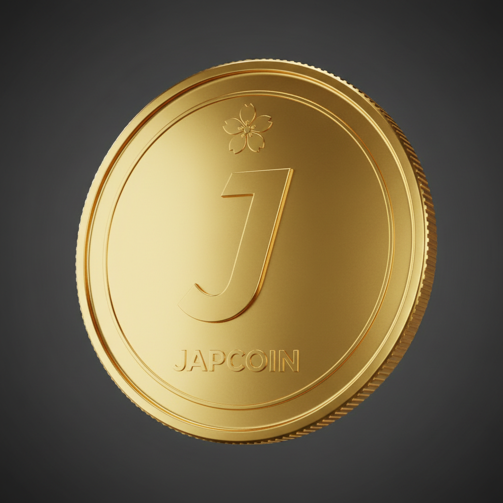 Japcoin crypto coin with J in bold italic , golden in colour 