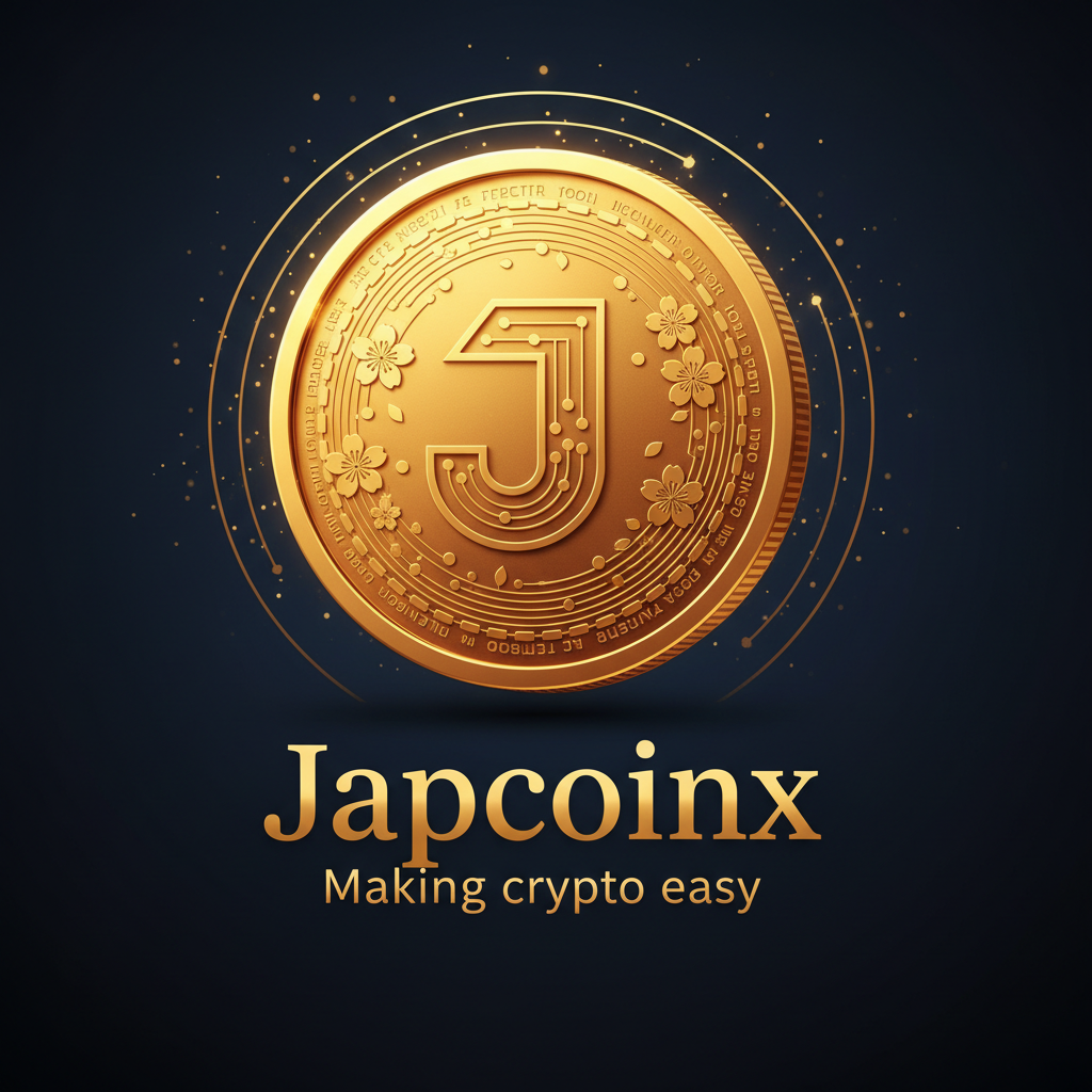 Japcoinx crypto Exchange with Japcoin token logo on it , golden in colour, slogan ; Making crypto easy 